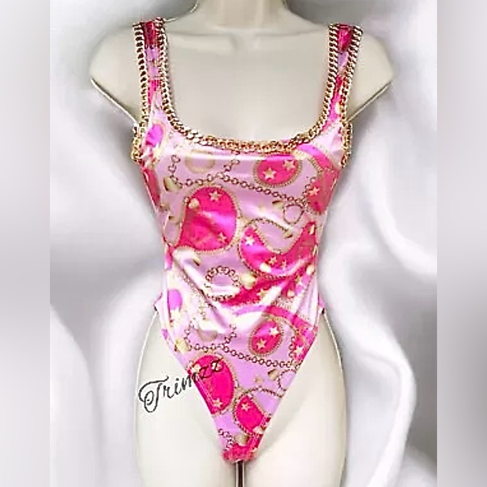 Size XXS………Satin Bodysuit with Flashy Golden Chain‎ Trim.  New……Sugar Thrillz